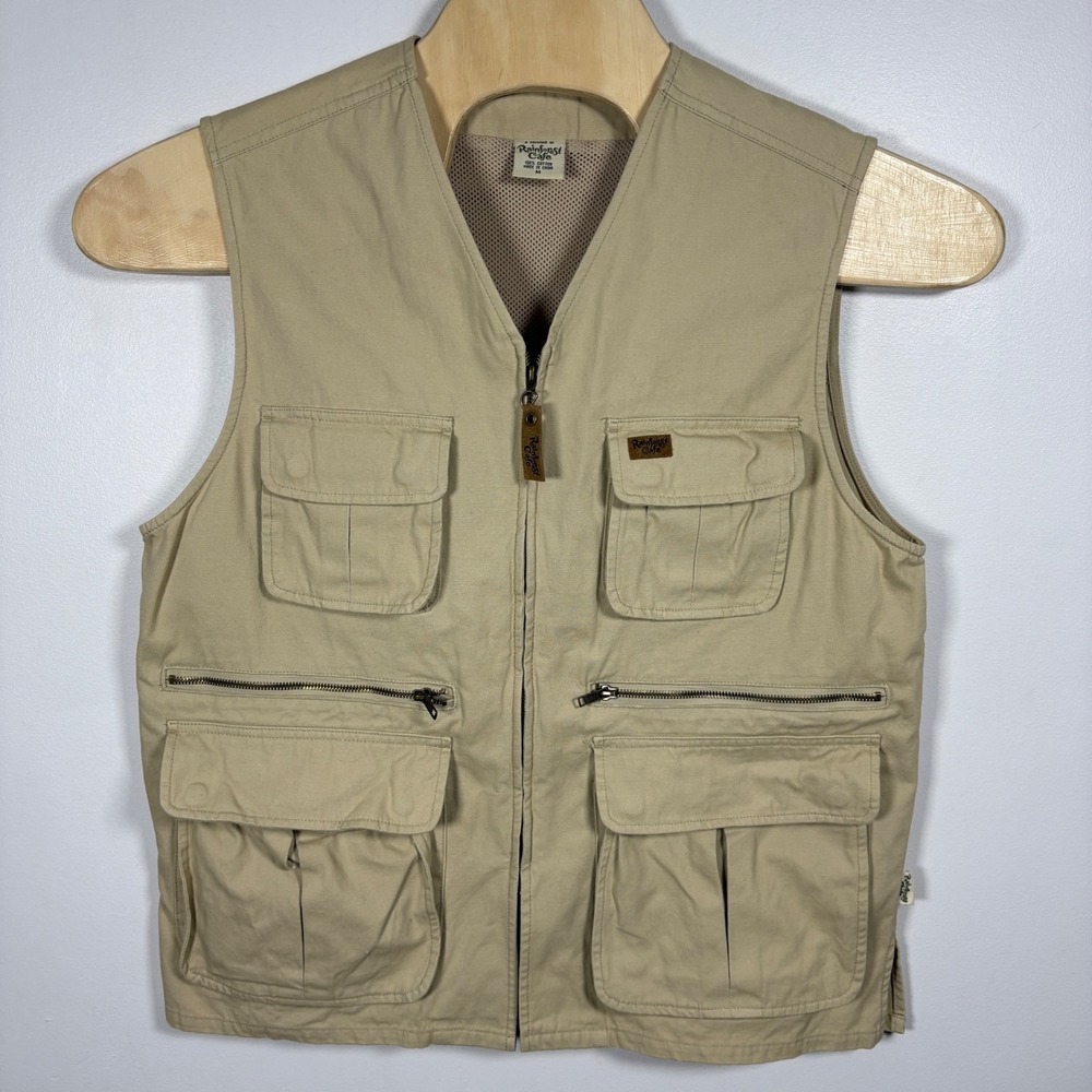 Rainforest Cafe‎ Mens Khaki Cotton Canvas Multi Pocket Fishing Utility Vest